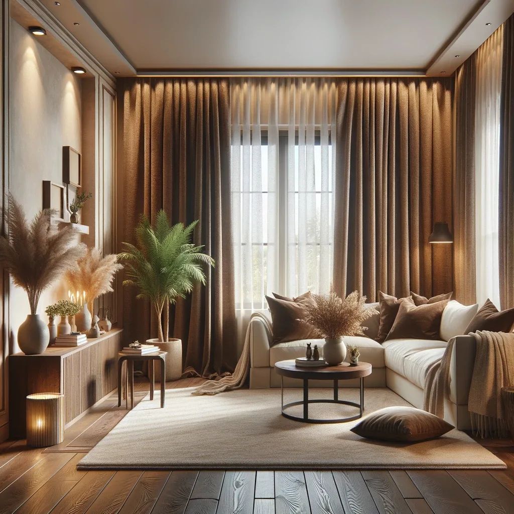 Cozy living room with floor-length brown blackout curtains on large windows