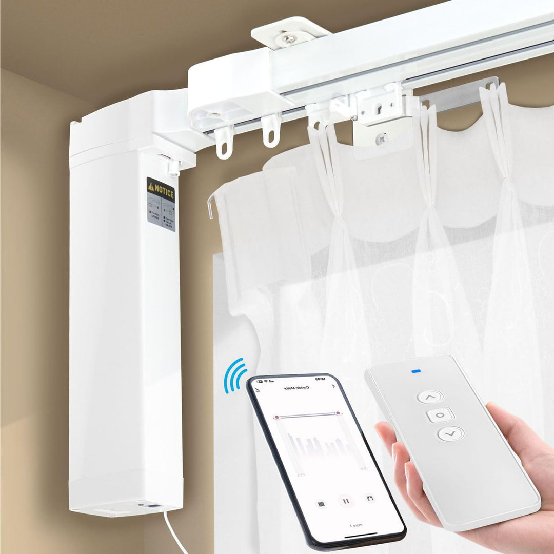 Modern living room with remote-controlled curtains installed on large windows