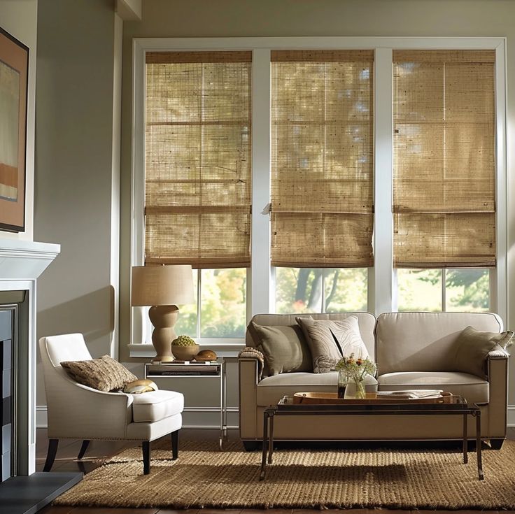 natural bamboo shades for windows filtering light into a cozy living room with boho decor