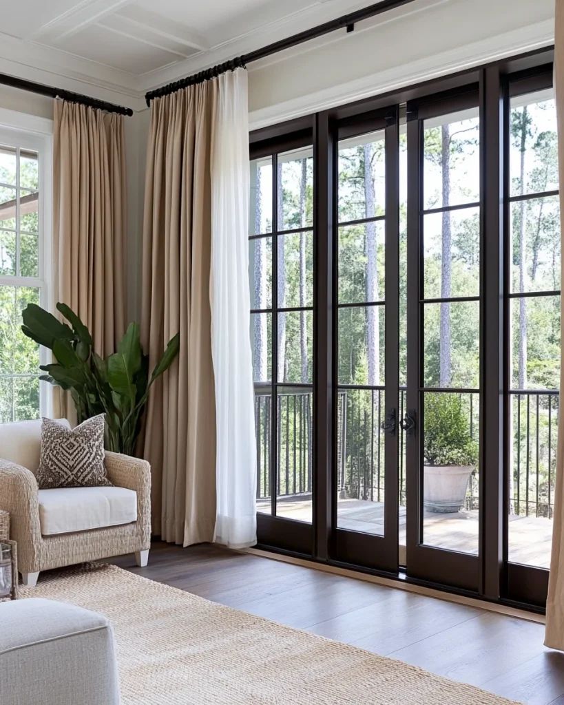 patio door curtain hanging on sliding glass door with sunlight streaming in