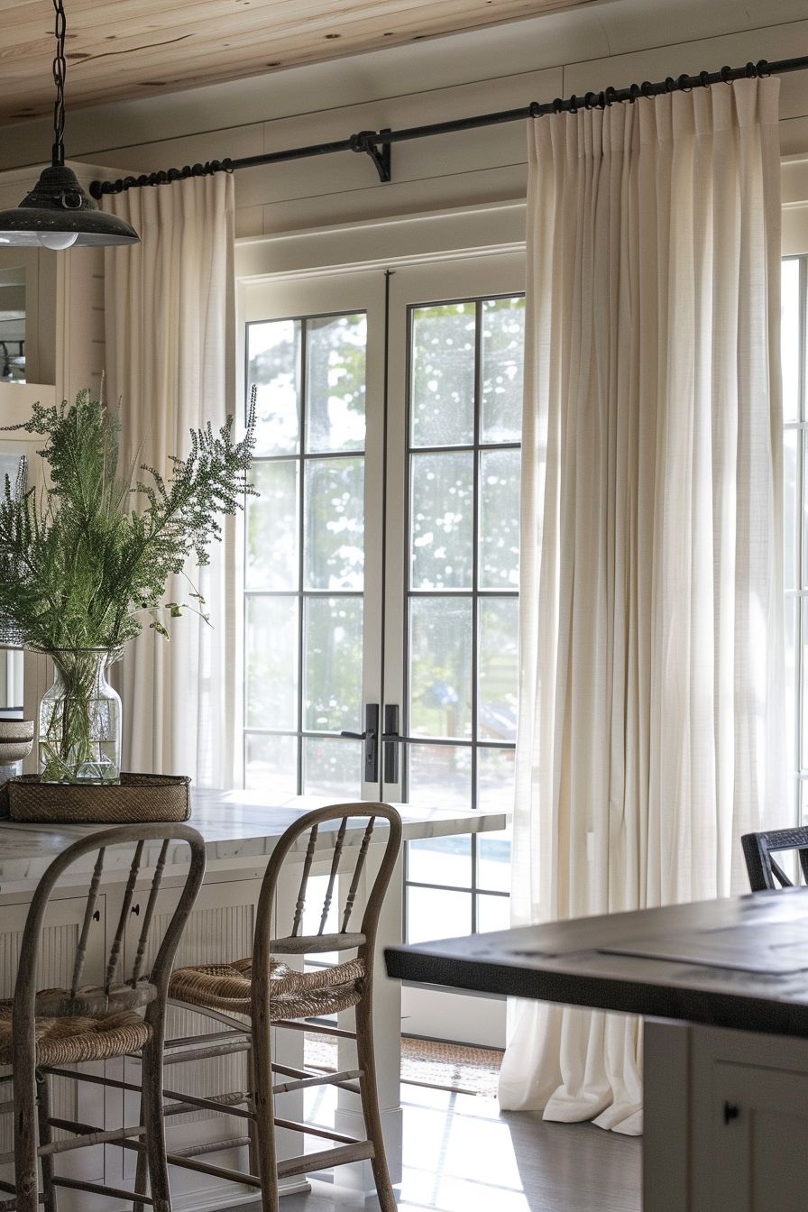 Elegant dining room with sheer curtains and ambient lighting