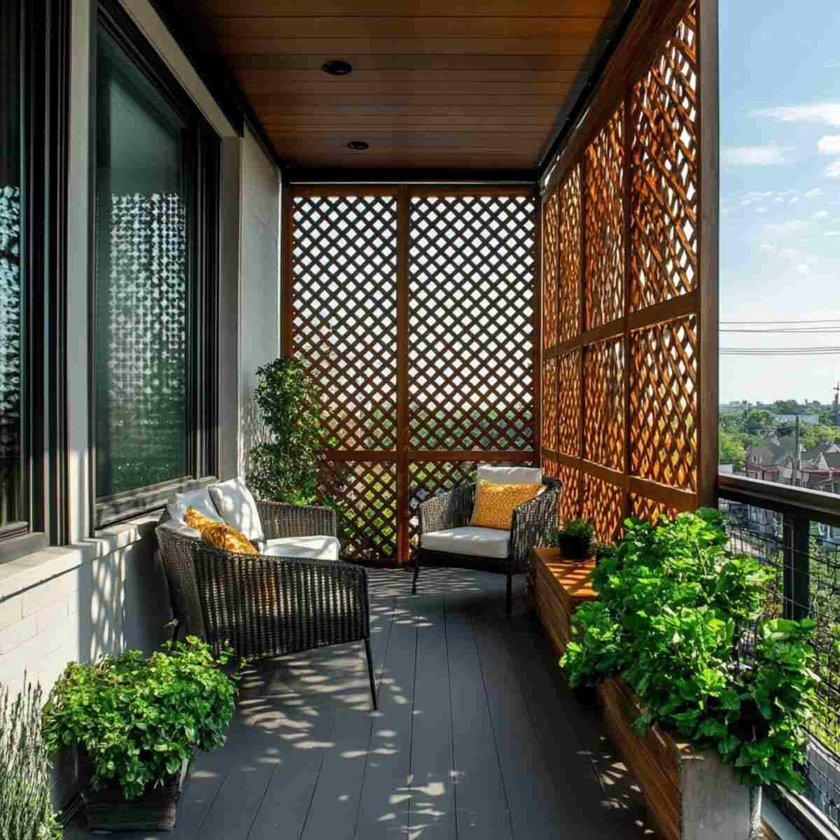 Modern balcony with wicker chairs, wooden privacy screen, and lush potted plants
