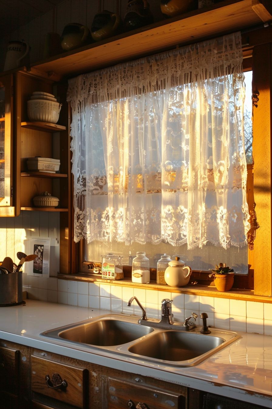 Vintage kitchen window with lace curtain, tile backsplash, double sink, and jars on sill