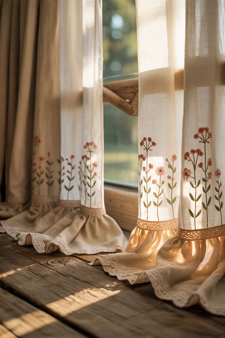 Sheer beige curtains with floral embroidery and lace trim on a sunny wooden window.