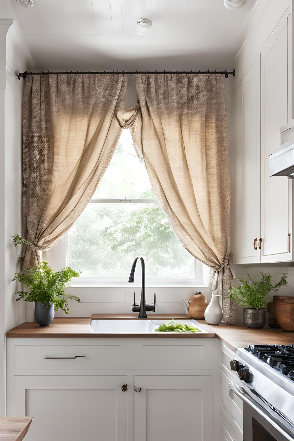 Light-filtering curtains installed on a small window in a cozy modern room.