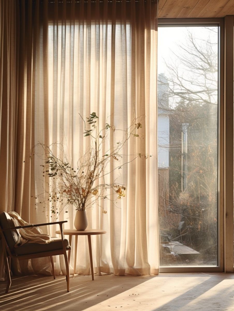 modern living room with sheer curtains hanging from sleek ceiling mounted curtain rods, creating an airy, elegant vibe