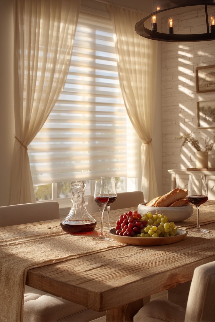 Sunlit dining room with sheer curtains, wooden table, red and green grapes, wine, and bread.