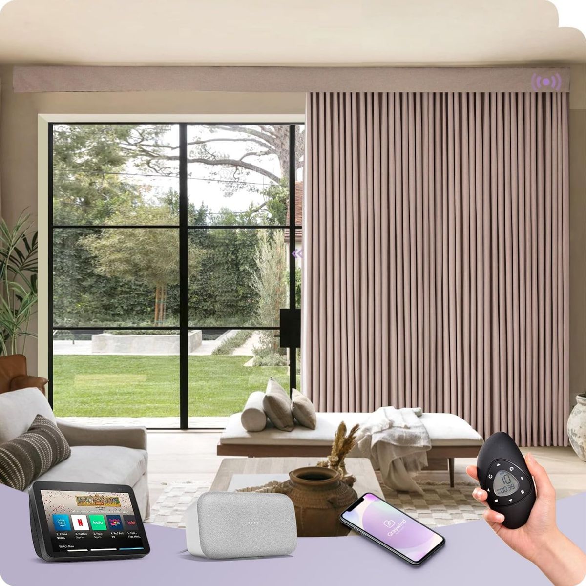Modern living room with sleek motorized curtains in motion