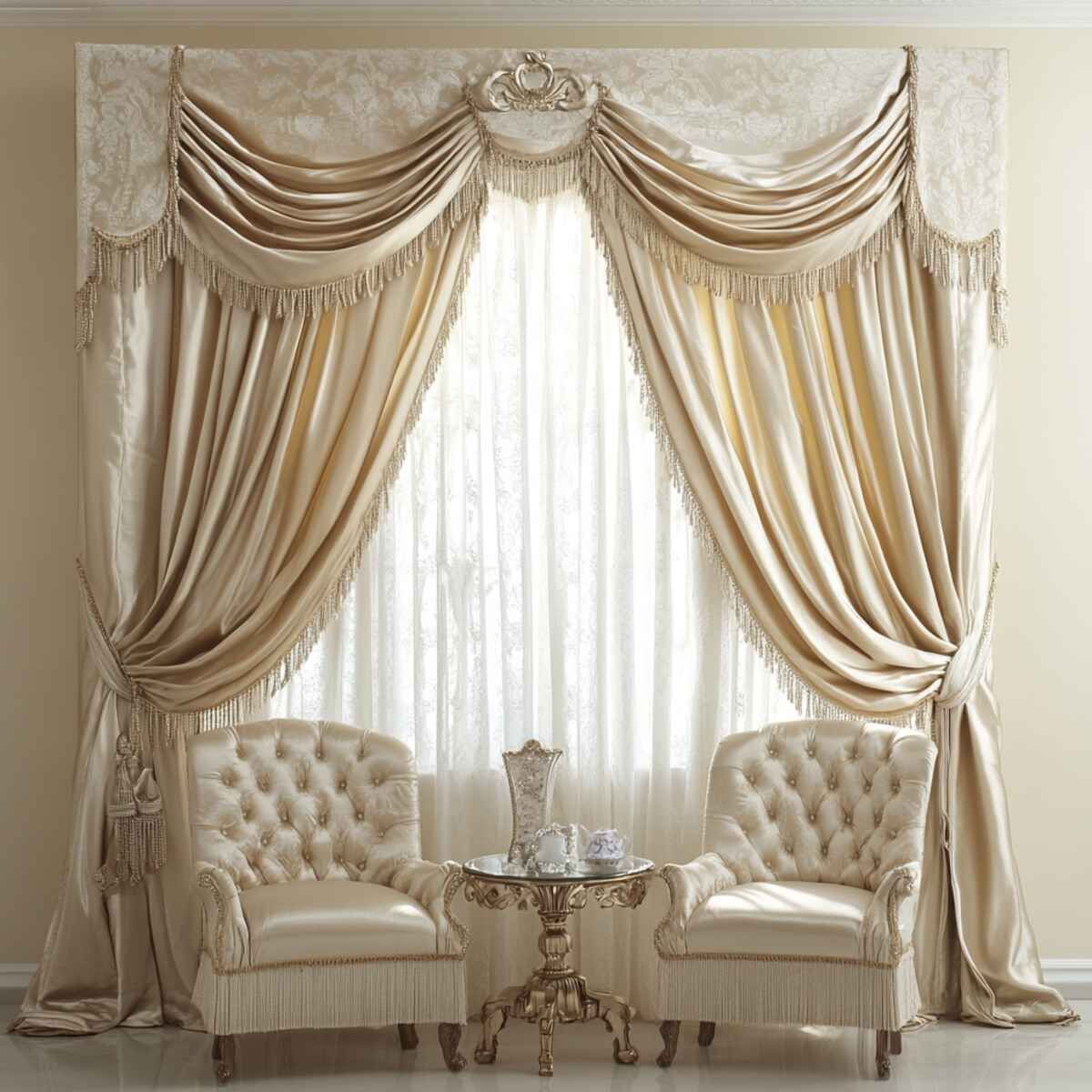 Elegant cream blackout curtains with valance, two tufted armchairs, and a glass table in a classic living room setting.