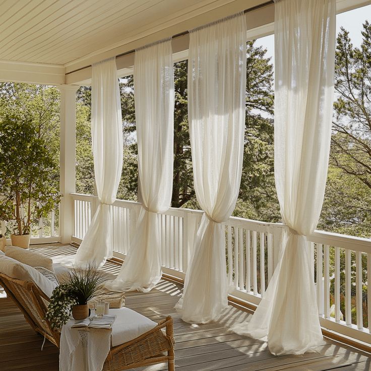 Sheer white porch curtains on curtain tracks, tied at base, with wicker patio furniture and greenery