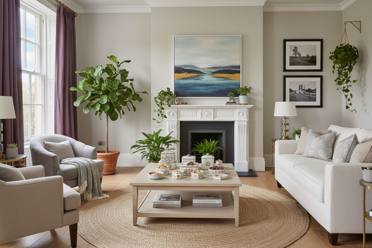Modern living room with purple blackout curtains, large window, indoor plants, and cozy decor