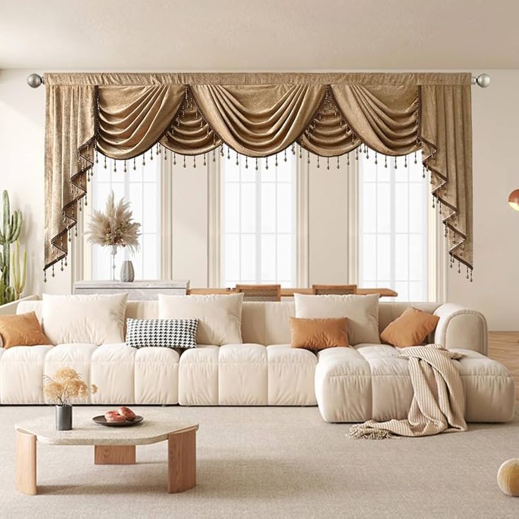 Elegant gold swag valance blackout curtains in modern living room with white sectional sofa