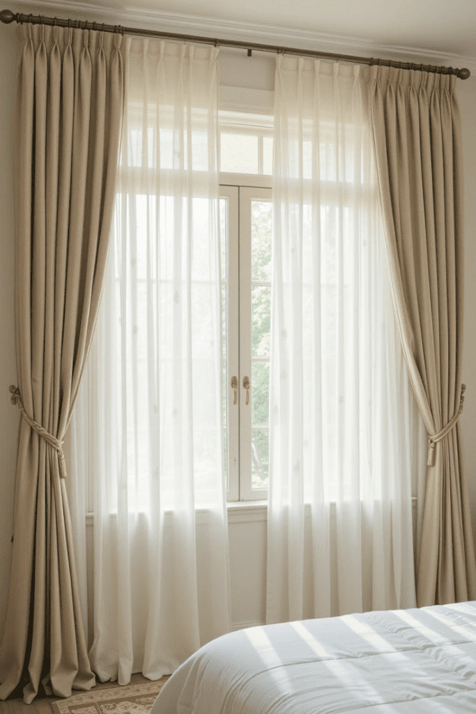 Bedroom window with beige blackout curtains and sheer white drapes on curtain track system