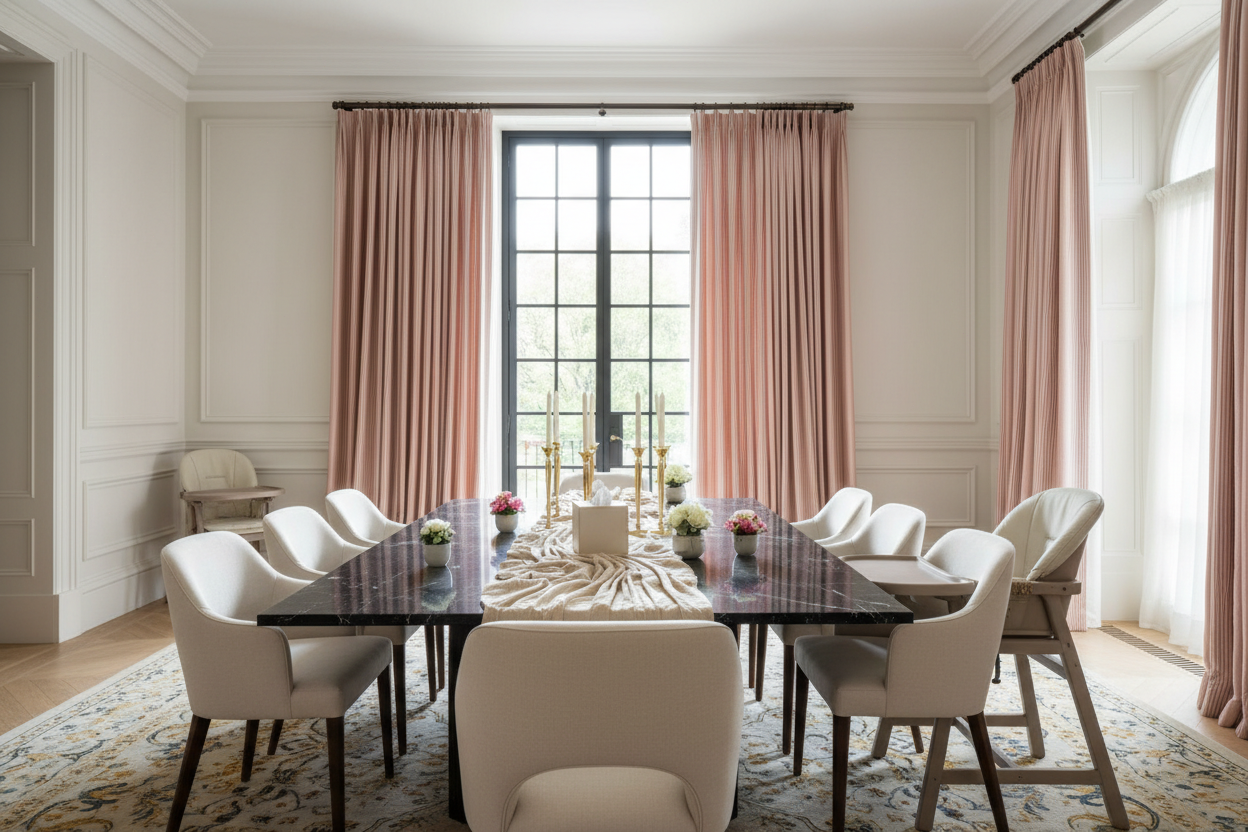Elegant dining room with pink blackout curtains, marble table, and modern white chairs