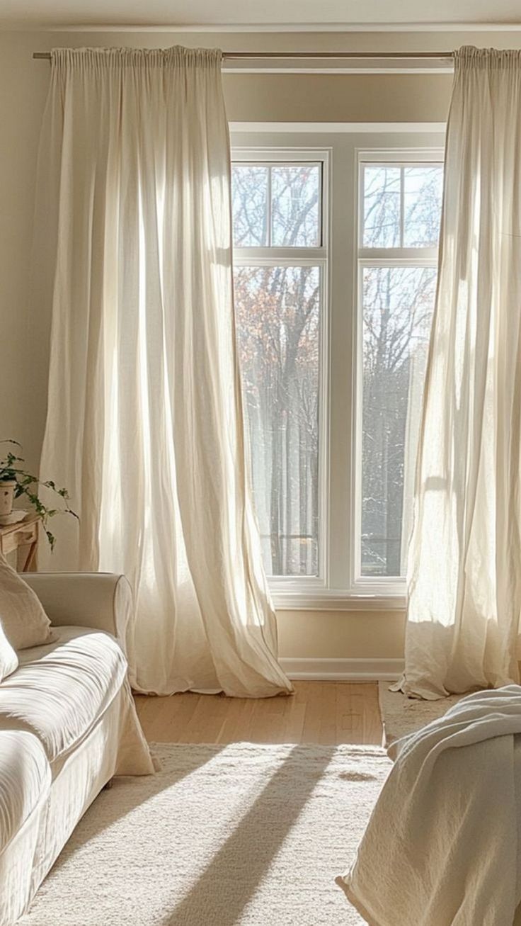 Bright living room with white blackout curtains on large window, cozy sofa and soft rug