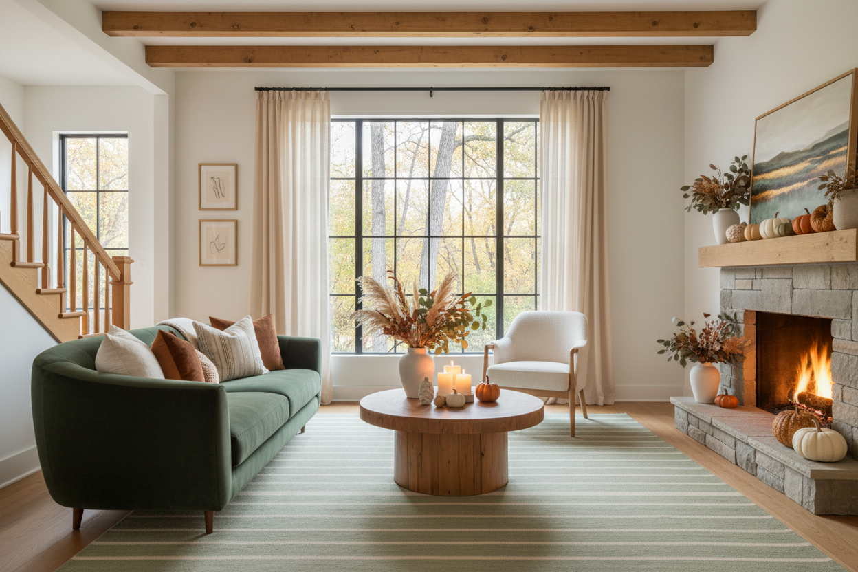 Modern living room with large window, sheer curtains, green sofa, fireplace, and autumn decor.