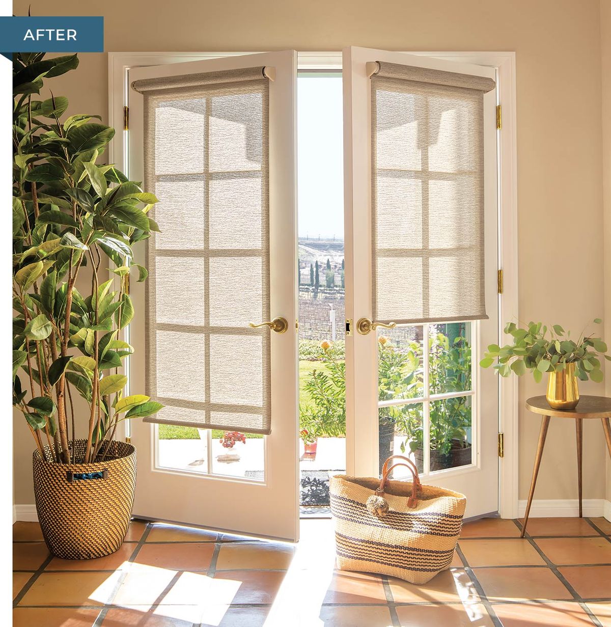 French doors with light-filtering roller blinds, potted plants, and a woven basket in a sunlit room