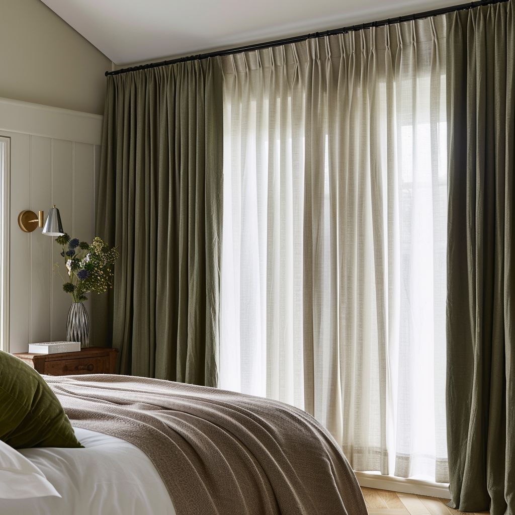 Bedroom with blackout curtain tracks and sheer drapes, cozy bedding, and soft natural light.