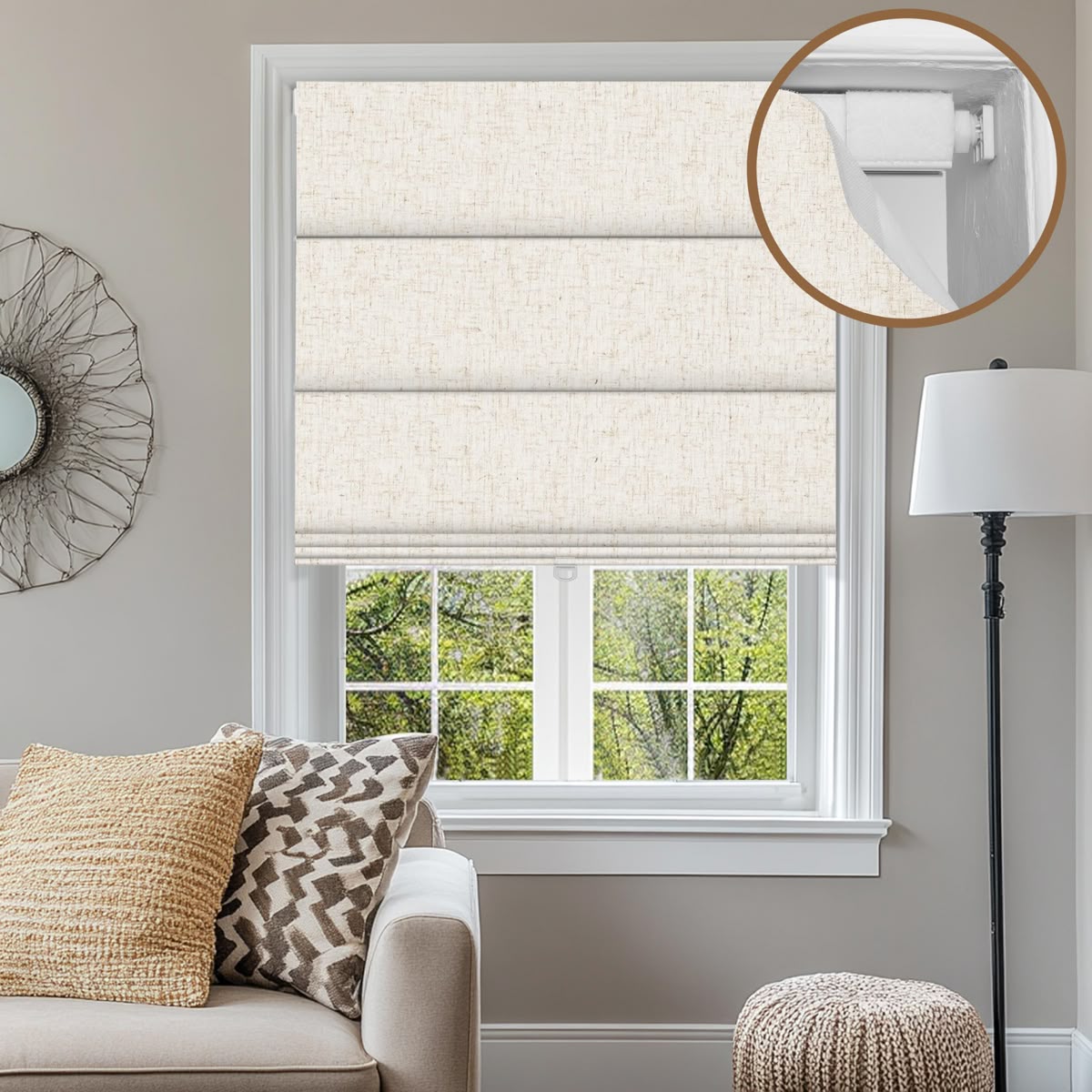 Beige Roman blackout shade with easy DIY install bracket in cozy living room window