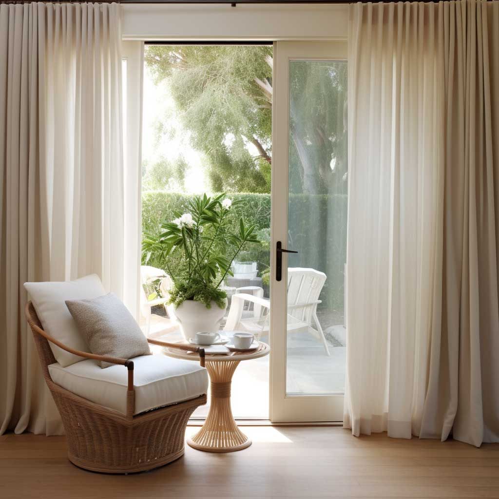 Modern living room with floor-to-ceiling white blackout curtains, patio doors, and a cozy lounge chair.