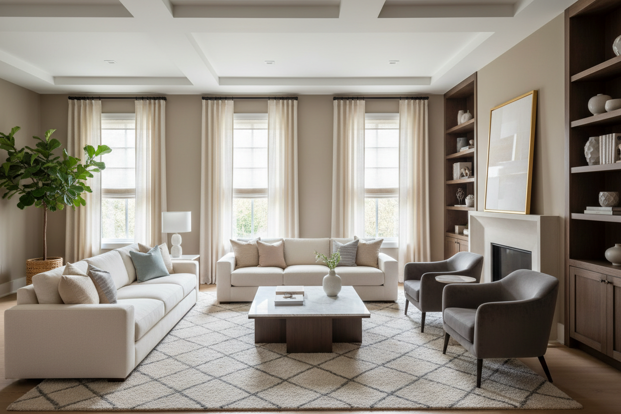 Modern living room with cream sofas, sheer curtains, large windows, and cozy decor