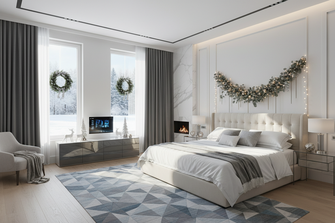 Modern bedroom with blackout curtain panels, large windows, and winter-themed decor.