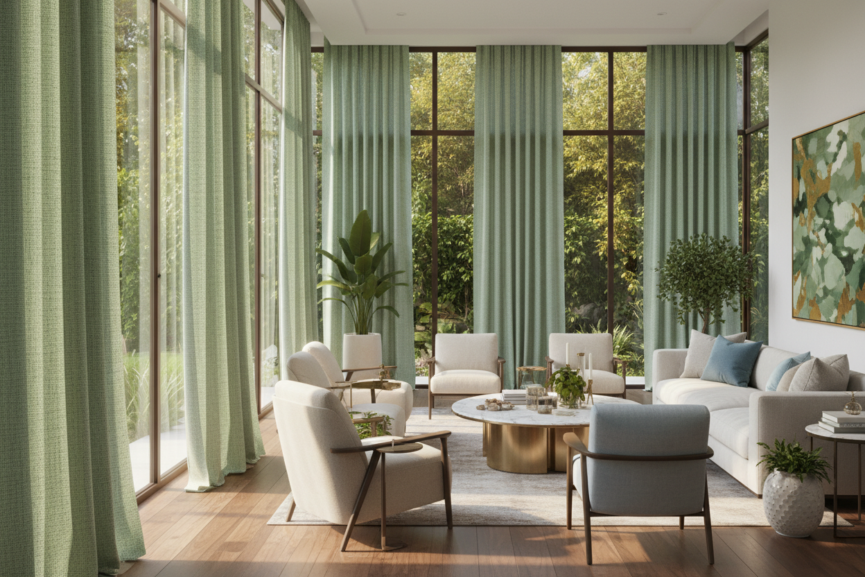Modern living room with large windows, light green blackout curtains, cozy seating, and indoor plants.