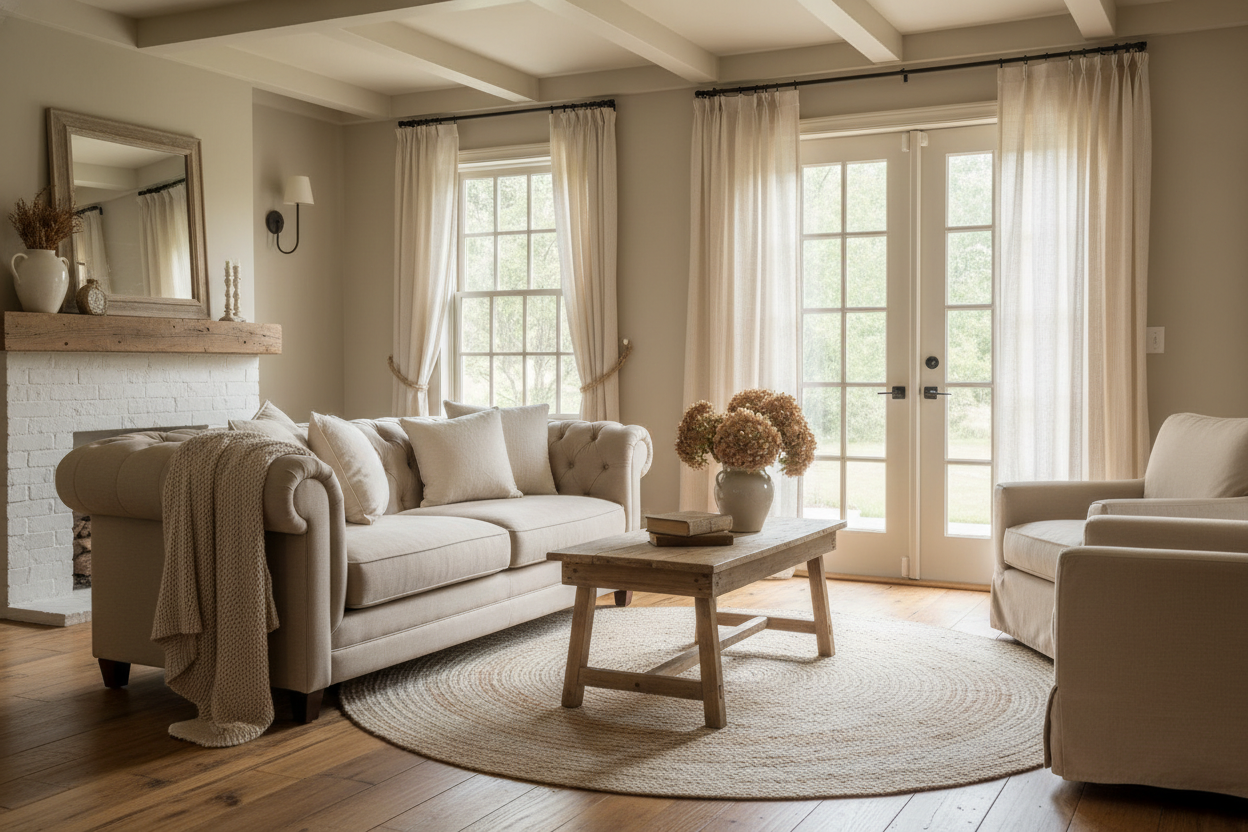 Bright living room with cream blackout curtains, cozy sofa, and rustic wooden coffee table
