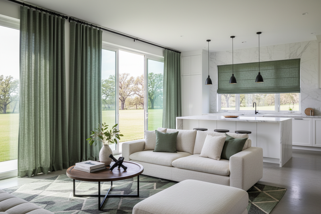 Modern living room with green blackout curtains, matching roman blinds, and minimal decor