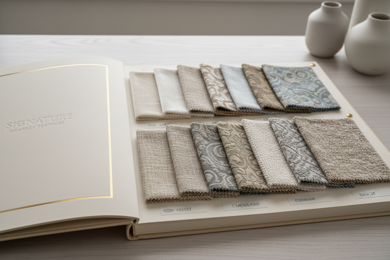 Sample book with assorted neutral curtain fabric swatches on a light wood table.