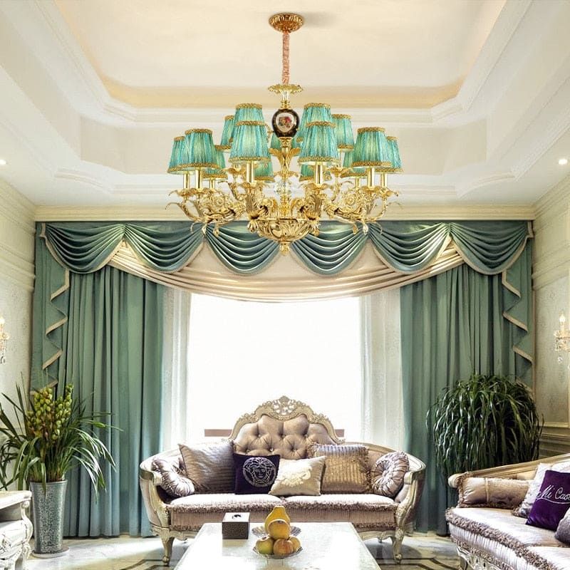 Luxury living room with elegant blue-green blackout curtains, gold chandelier and classic furniture.
