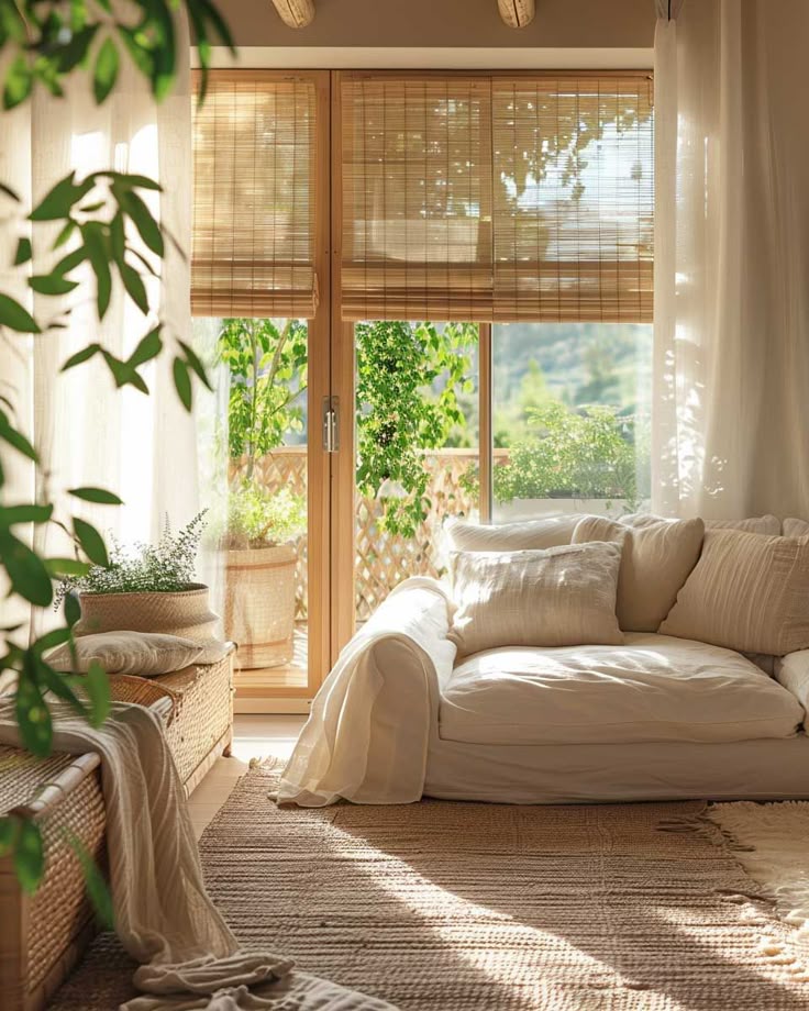Elegant indoor bamboo shades filtering sunlight in a modern cozy living room.