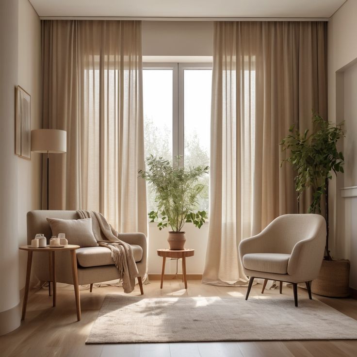 Modern living room with beige blackout curtains, armchairs, and indoor plants by a large window
