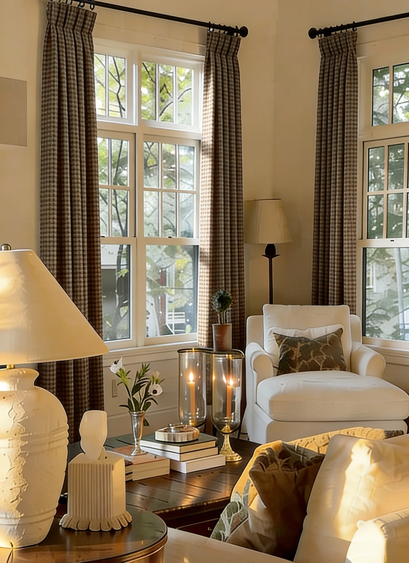 Living room with organic chenille blackout curtains, white armchair, and cozy decor.