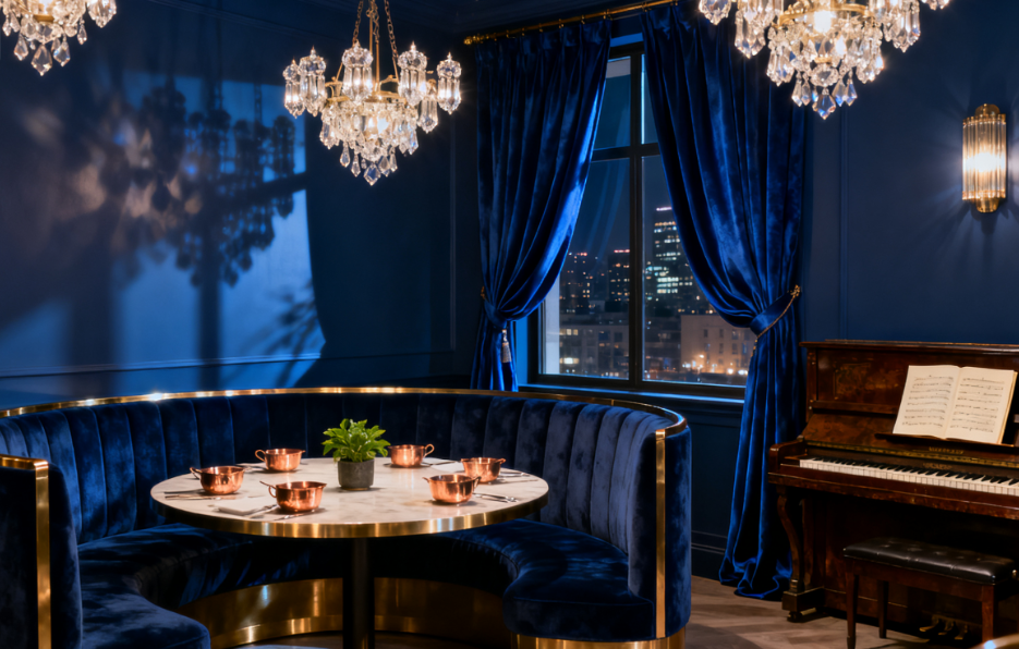 Elegant dining room with blue velvet curtains, curved sofa, crystal chandeliers, and a piano
