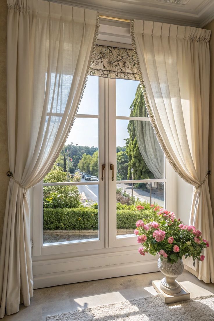 Elegant white sheer curtains with a floral valance on a sunny window, potted pink flowers on sill