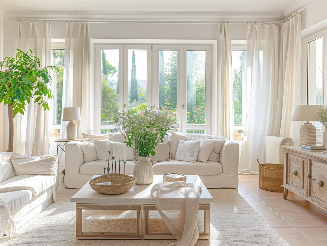 elegant sheer curtains hanging in a sunlit modern living room