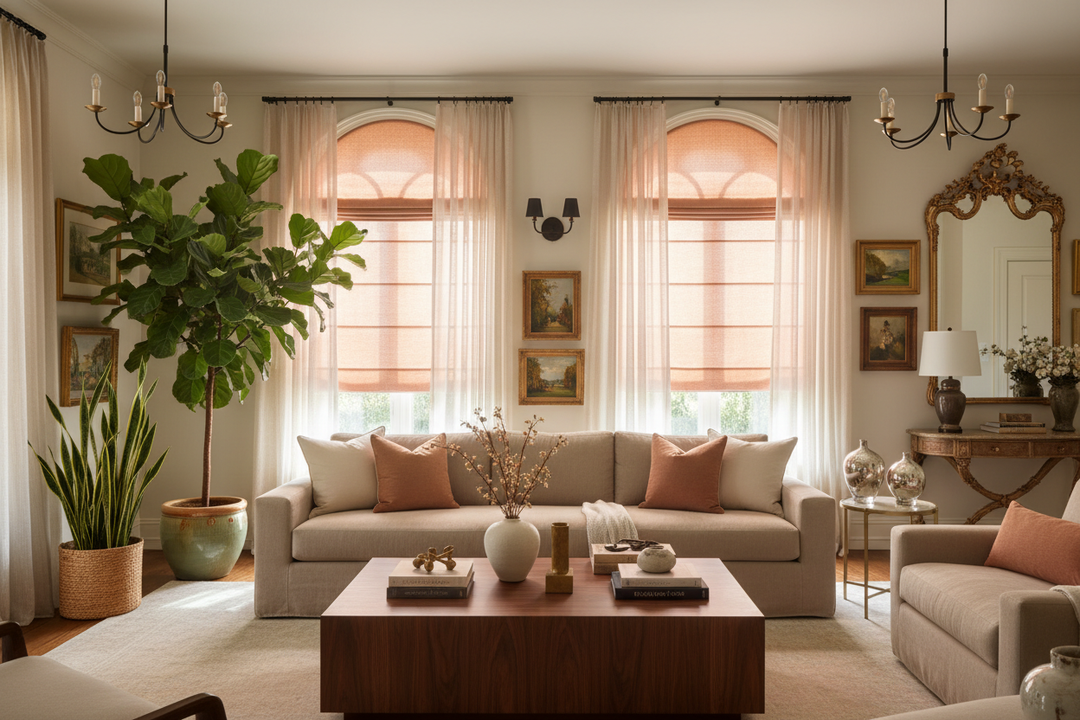 Elegant living room with dusty peach blackout curtains, neutral sofas, and large potted plants