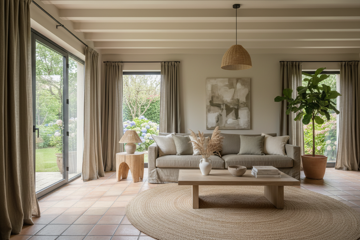 Bright living room with beige curtains, linen sofa, woven rug, terracotta floor, and large windows.