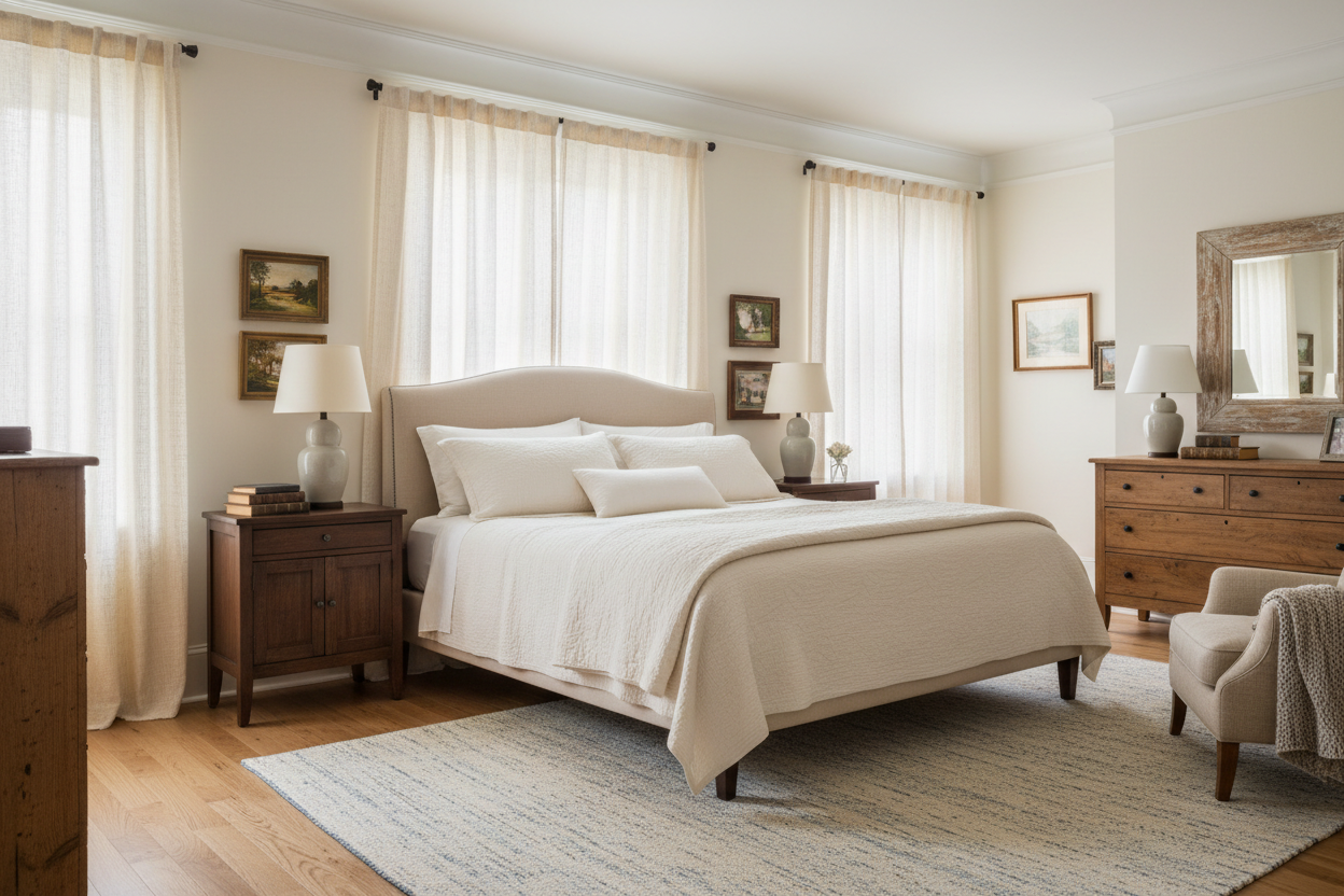 Off-white linen curtains in a cozy bedroom with light wood furniture and soft natural light.
