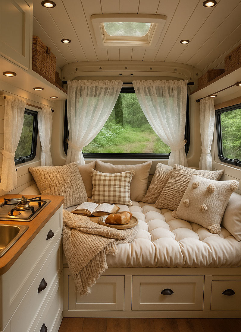 Sheer white curtains on motorhome windows, cozy interior with cushions and natural light