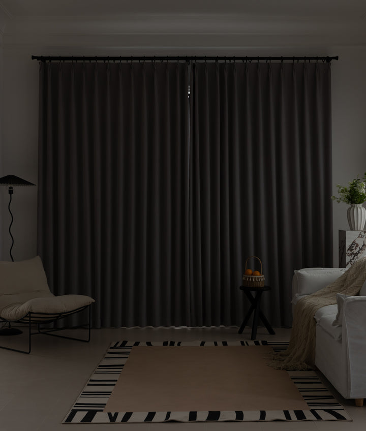 Phantom gray retro linen blackout curtains||Misty Illusion