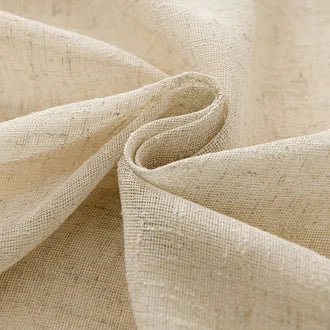 Close-up of beige linen curtain fabric with a soft, textured weave for window treatments