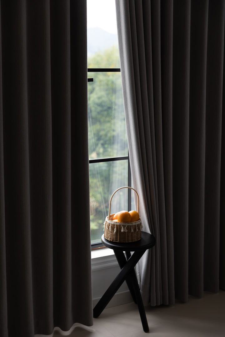 Phantom gray retro linen blackout curtains||Misty Illusion