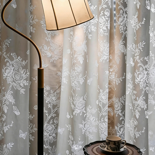 Custom sheer curtains with rose pattern for a French romantic bedroom