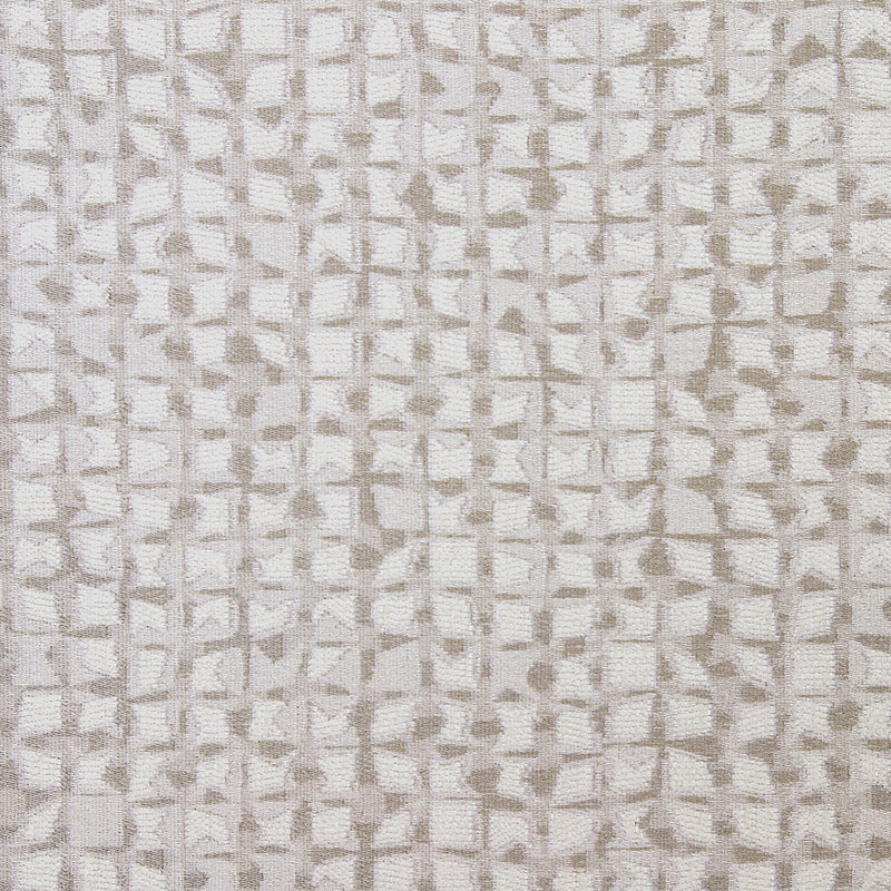 Beige geometric textured curtain fabric with modern, abstract grid pattern.