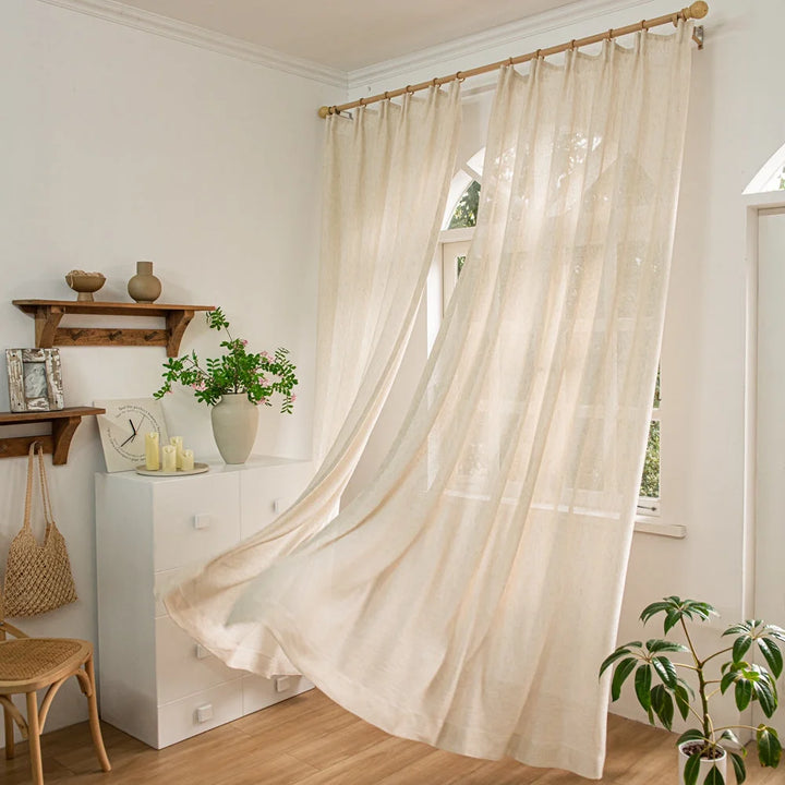 Seren Natural Small Plaid Linen Drape Curtains