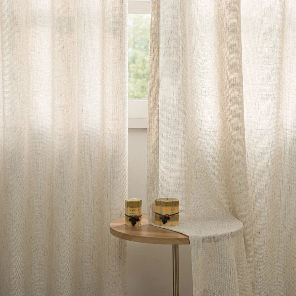 Seren Natural Small Plaid Linen Drape Curtains