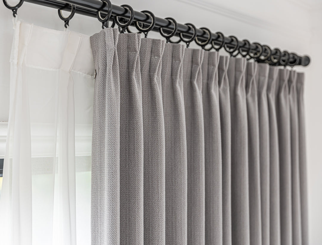 Phantom gray retro linen blackout curtains||Misty Illusion