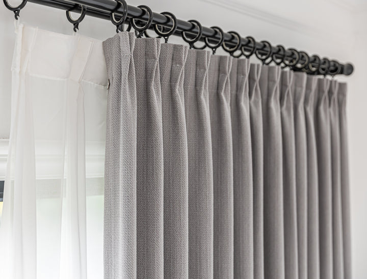 Phantom gray retro linen blackout curtains||Misty Illusion